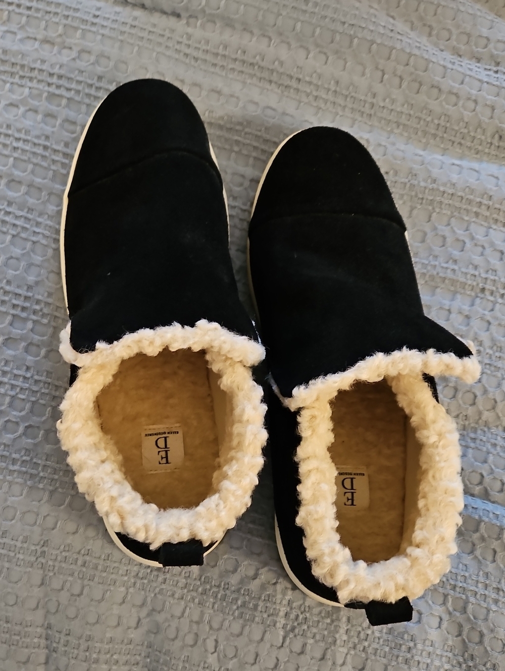 Black Slip-On Faux Suede Sneakers with Cream Sherpa Trim